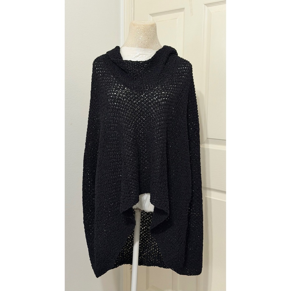 Ralph Lauren‎ Womens XS Black Linen Blend Open Knit Poncho Sweater boho flowy
